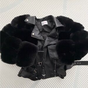 SHEIN Black Faux Fur Trim Moto Jacket